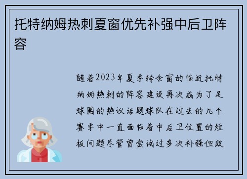 托特纳姆热刺夏窗优先补强中后卫阵容